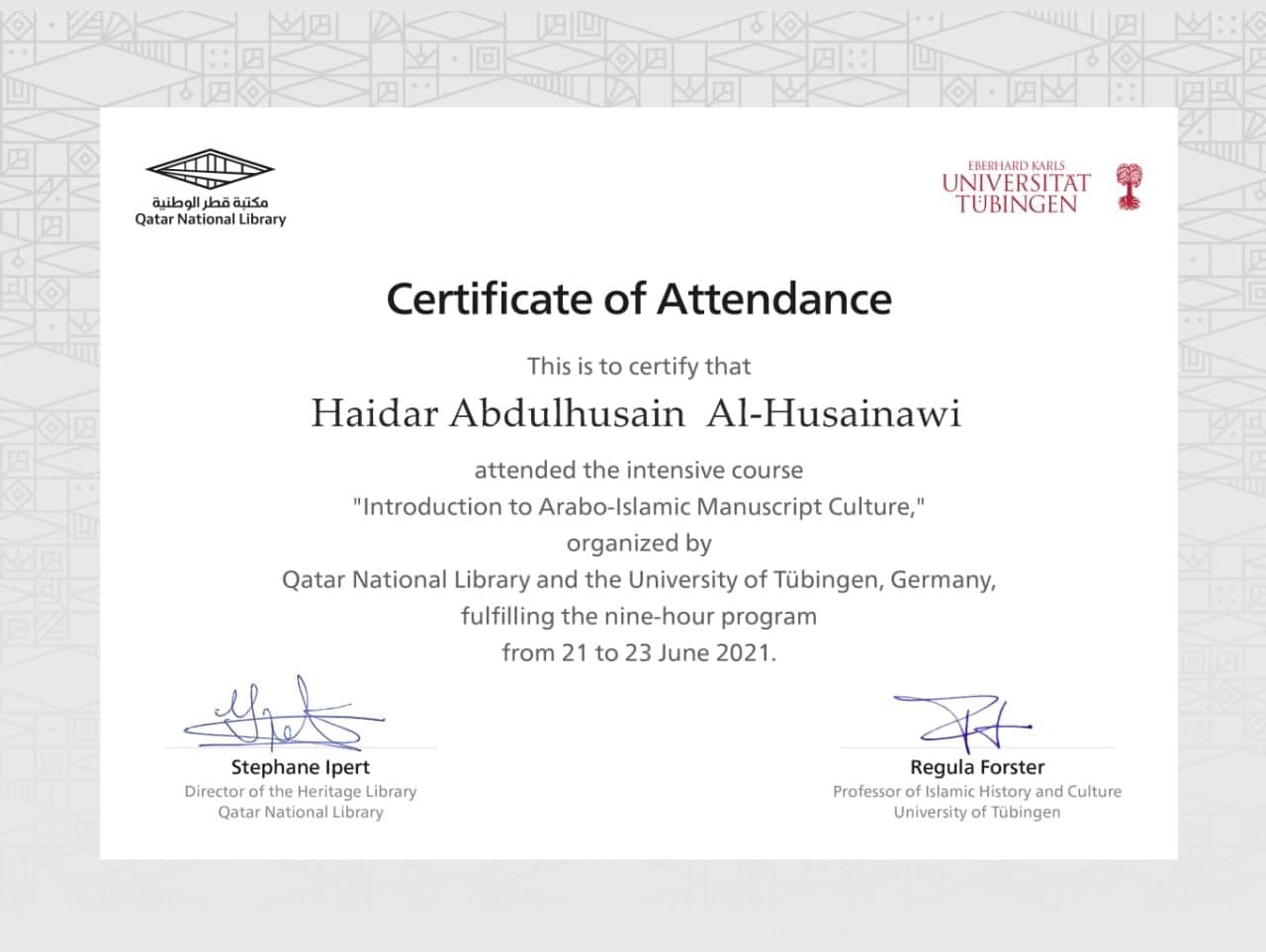 You are currently viewing A Lecturer from Kerbala University obtains an International Certificate of Attendance in a Training Course