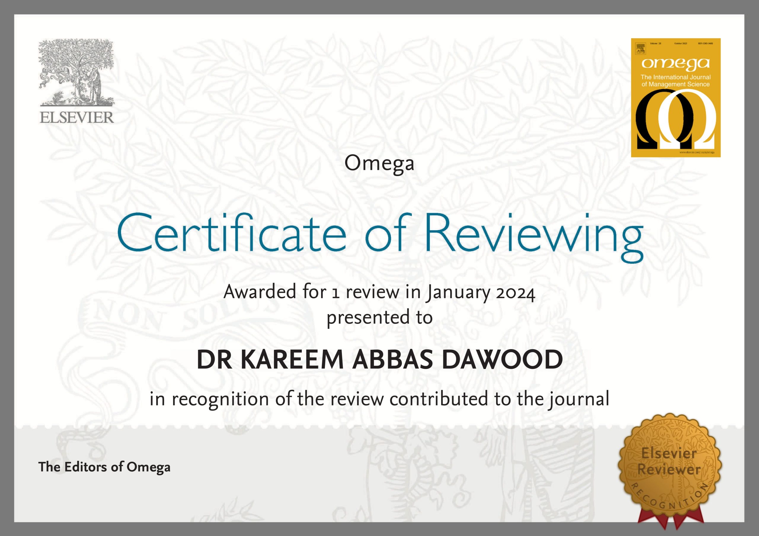 Read more about the article A Lecturer from University of Kerbala Selected as a Reviewer in an International Journal